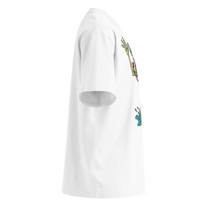 A white short-sleeve crewneck Halloween organic oversized t-shirt by Lane Line Threads, featuring a colorful graphic of a zombie wearing a red swimming cap, swim goggles, and a black TYR tank, standing in splashing water, shown from the right side.