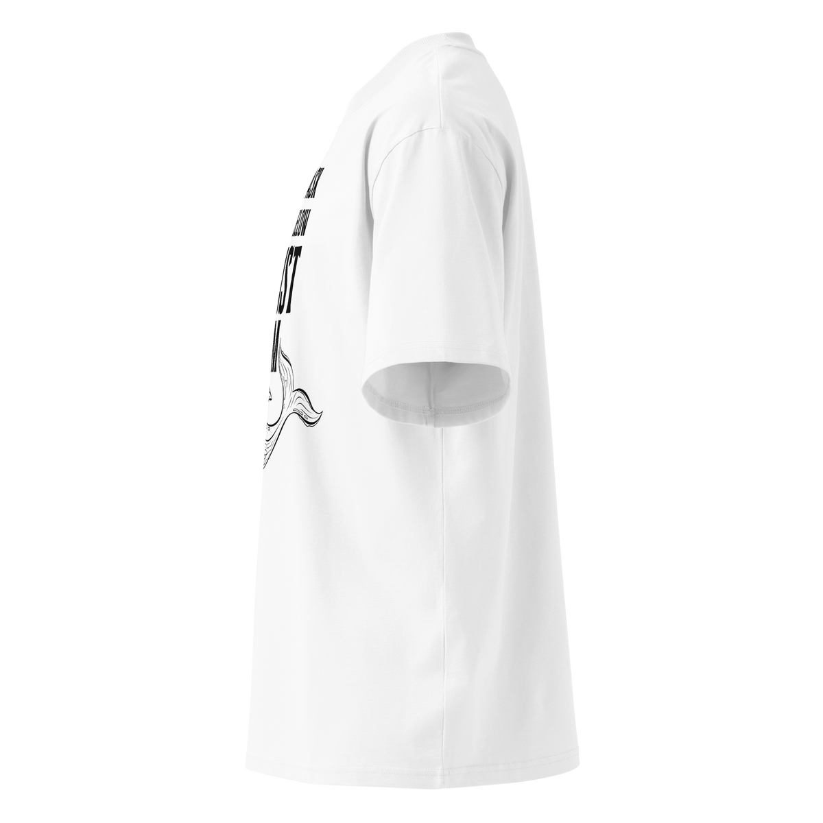 Organic oversized t-shirt in white with whale graphic and “I DON’T ASK WHAT’S BELOW I JUST SWIM” design shown from the left side