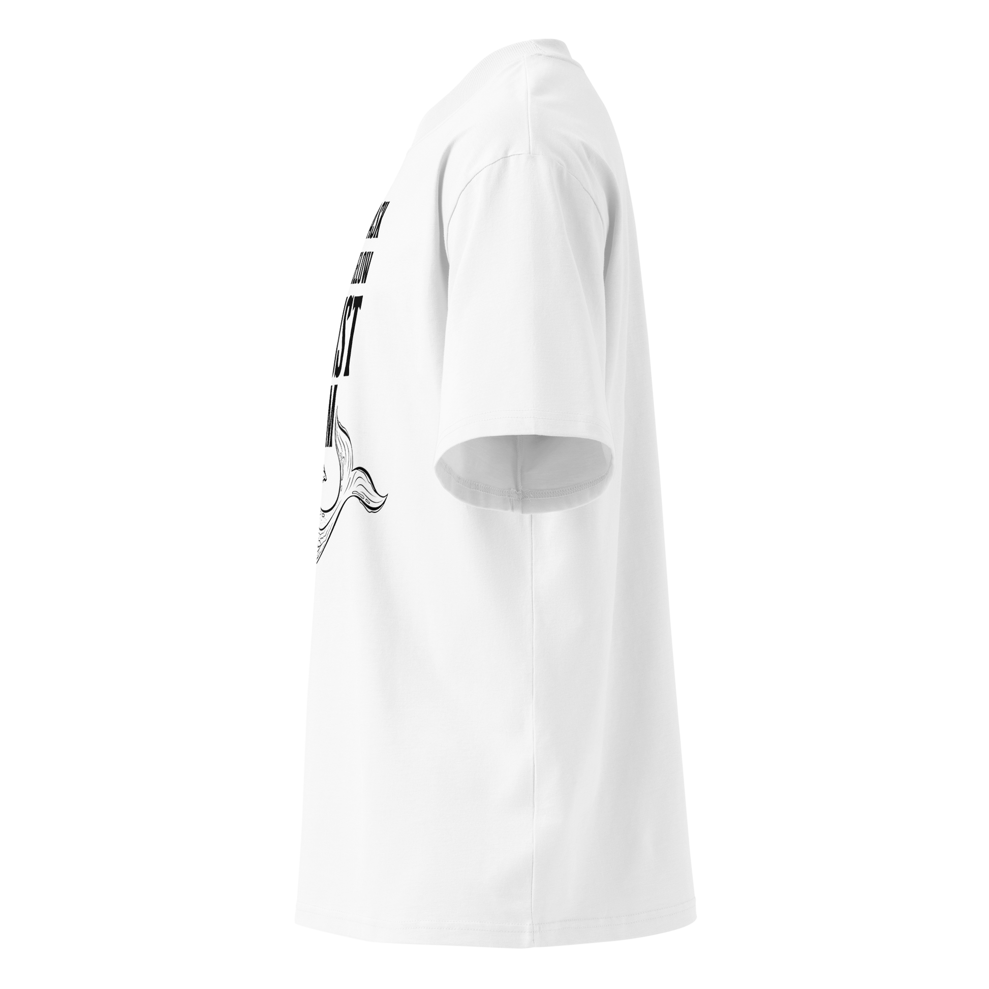 Organic oversized t-shirt in white with whale graphic and “I DON’T ASK WHAT’S BELOW I JUST SWIM” design shown from the left side