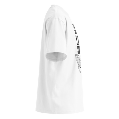 Organic oversized t-shirt in white with whale graphic and “I DON’T ASK WHAT’S BELOW I JUST SWIM” design shown from the right side