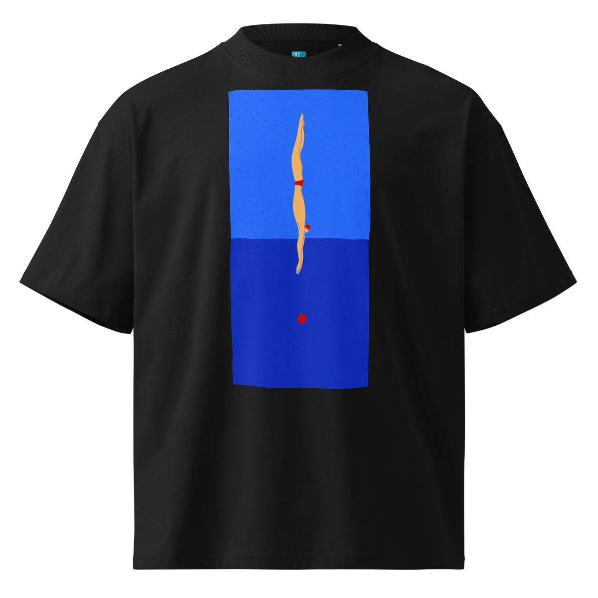 A black short-sleeve crewneck organic oversized t-shirt by Lane Line Threads featuring a graphic print of a minimalist figure diving into a blue water scene, displayed on a clean white background.