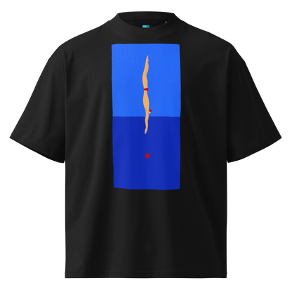 A black short-sleeve crewneck organic oversized t-shirt by Lane Line Threads featuring a graphic print of a minimalist figure diving into a blue water scene, displayed on a clean white background.