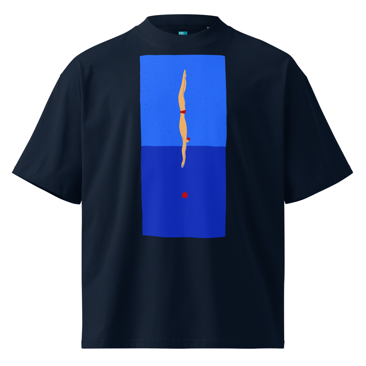 A navy short-sleeve crewneck organic oversized t-shirt by Lane Line Threads featuring a graphic print of a minimalist figure diving into a blue water scene, displayed on a clean white background.