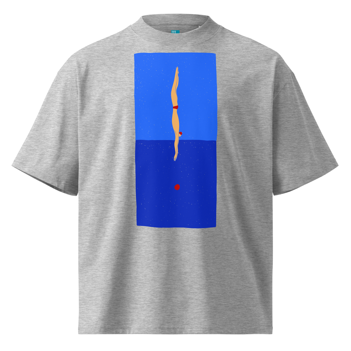 A grey short-sleeve crewneck organic oversized t-shirt by Lane Line Threads featuring a graphic print of a minimalist figure diving into a blue water scene, displayed on a clean white background.