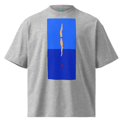 A grey short-sleeve crewneck organic oversized t-shirt by Lane Line Threads featuring a graphic print of a minimalist figure diving into a blue water scene, displayed on a clean white background.