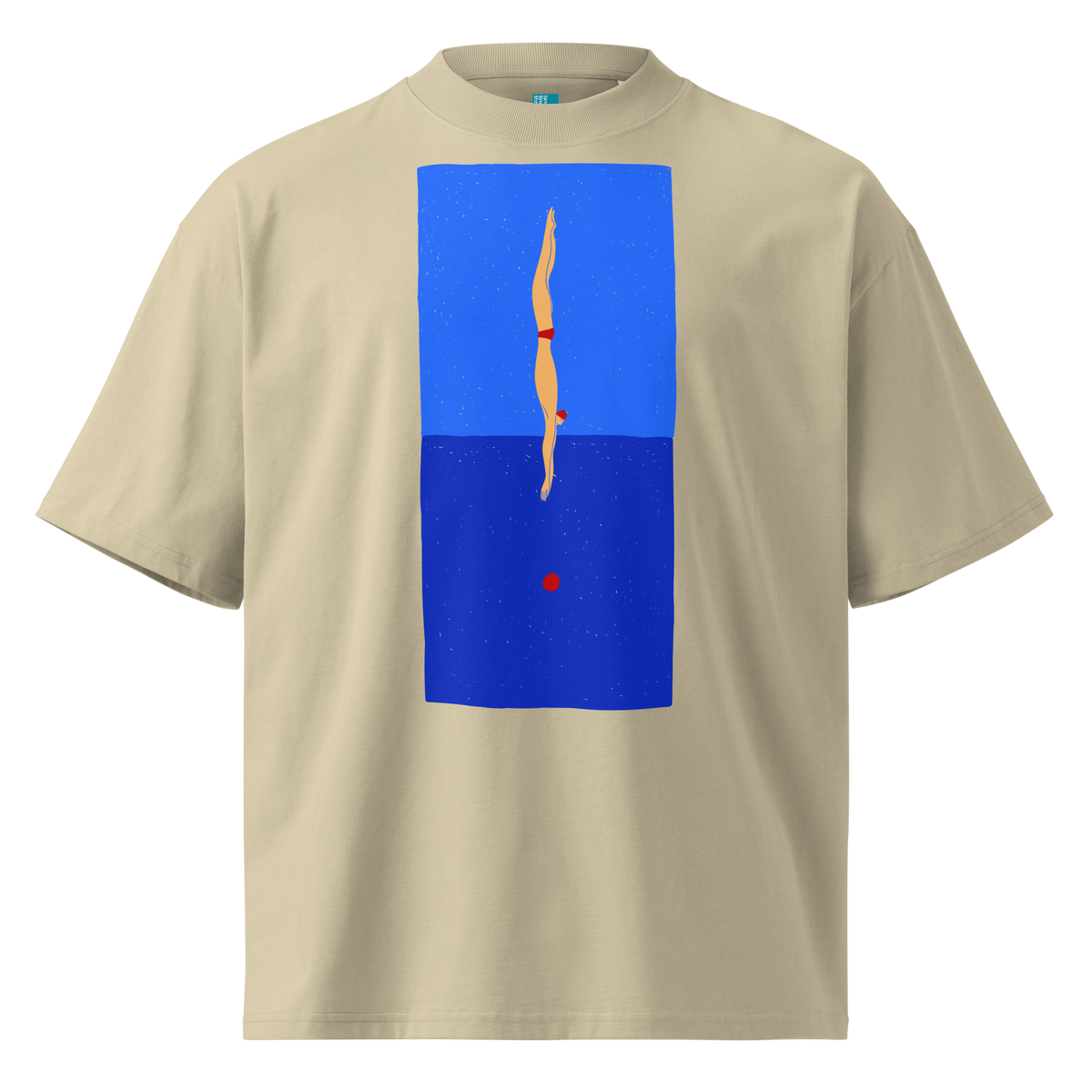 A beige short-sleeve crewneck organic oversized t-shirt by Lane Line Threads featuring a graphic print of a minimalist figure diving into a blue water scene, displayed on a clean white background.
