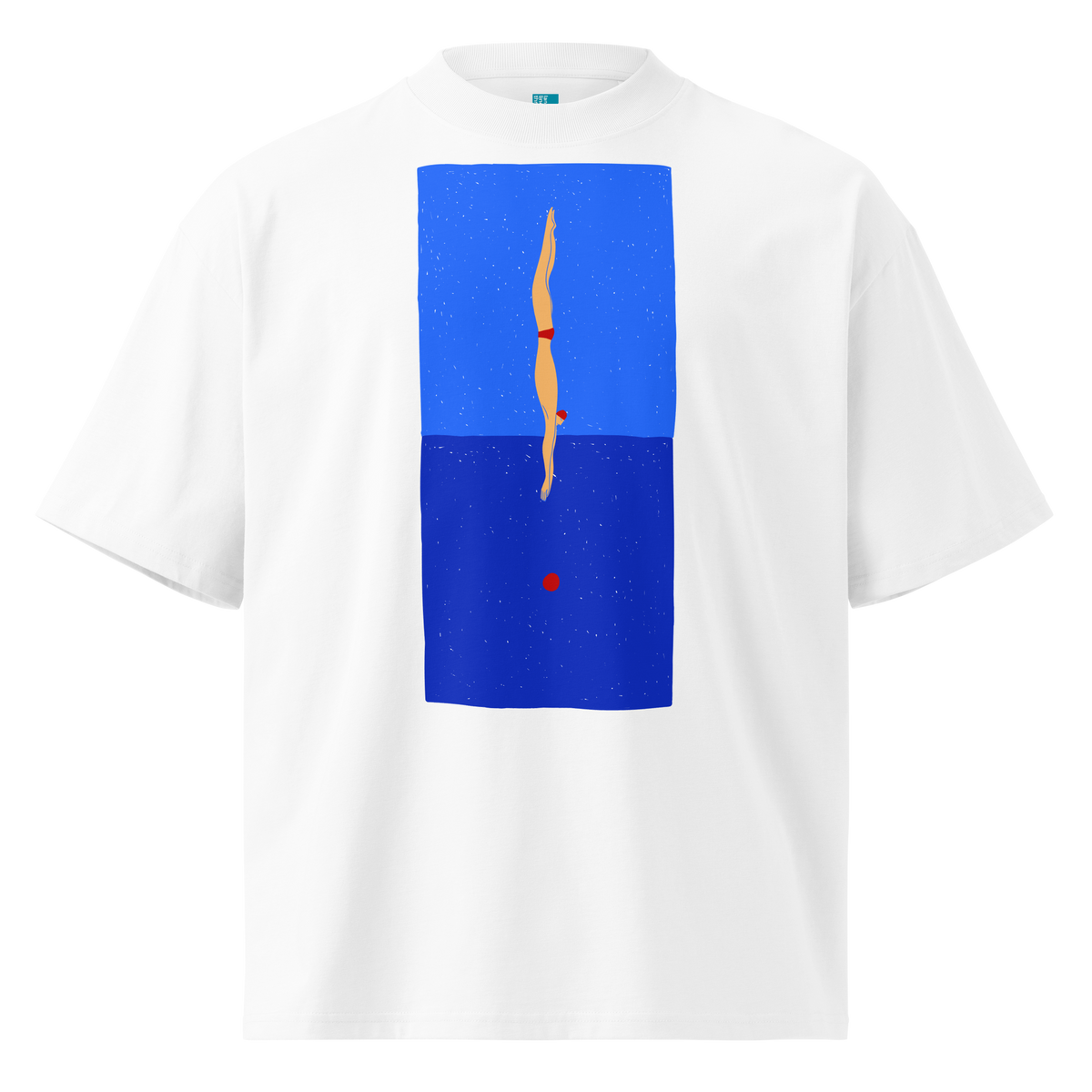 A white short-sleeve crewneck organic oversized t-shirt by Lane Line Threads featuring a graphic print of a minimalist figure diving into a blue water scene, displayed on a clean white background.