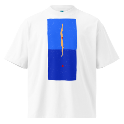 A white short-sleeve crewneck organic oversized t-shirt by Lane Line Threads featuring a graphic print of a minimalist figure diving into a blue water scene, displayed on a clean white background.