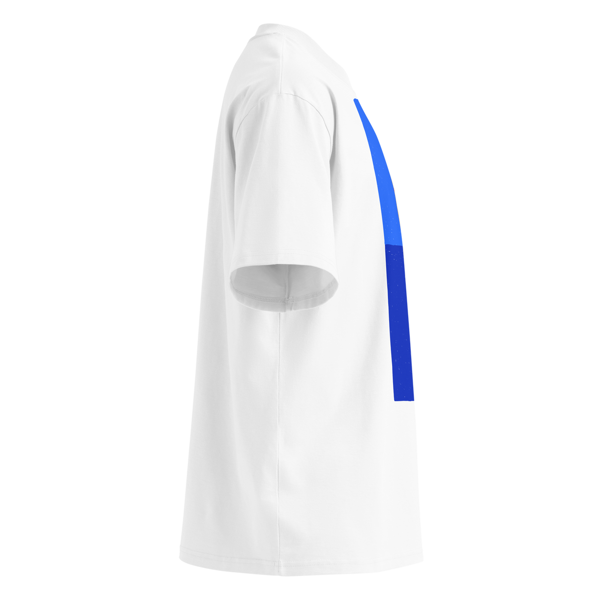 A white short-sleeve crewneck organic oversized t-shirt by Lane Line Threads featuring a graphic print of a minimalist figure diving into a blue water scene, displayed on a clean white background, shown from the right side.