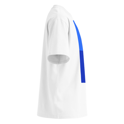 A white short-sleeve crewneck organic oversized t-shirt by Lane Line Threads featuring a graphic print of a minimalist figure diving into a blue water scene, displayed on a clean white background, shown from the right side.