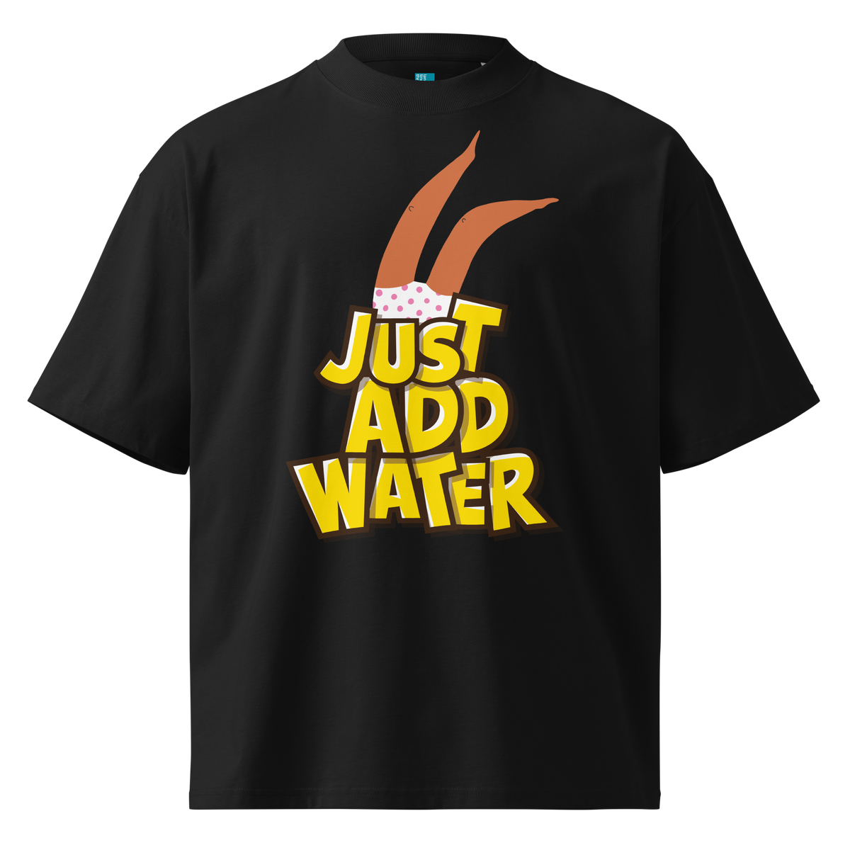 A black short-sleeve crewneck organic oversized t-shirt by Lane Line Threads featuring a graphic print of woman legs wearing a pink polka-dot swimsuit, with the text 'JUST ADD WATER' in bold yellow letters with black outlines.