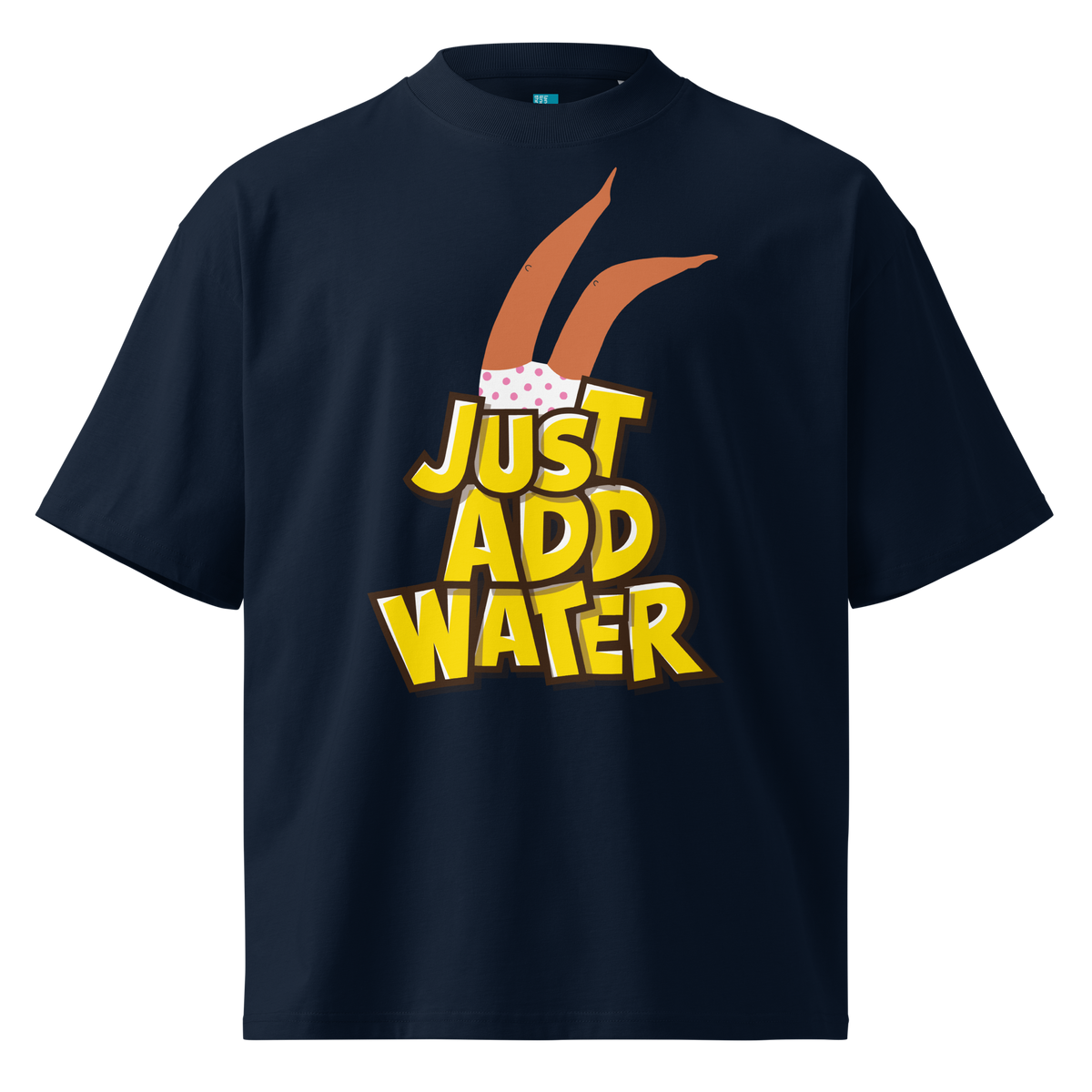 A navy short-sleeve crewneck organic oversized t-shirt by Lane Line Threads featuring a graphic print of woman legs wearing a pink polka-dot swimsuit, with the text 'JUST ADD WATER' in bold yellow letters with black outlines.