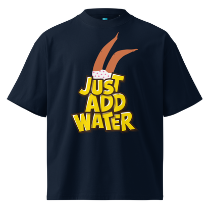 A navy short-sleeve crewneck organic oversized t-shirt by Lane Line Threads featuring a graphic print of woman legs wearing a pink polka-dot swimsuit, with the text 'JUST ADD WATER' in bold yellow letters with black outlines.