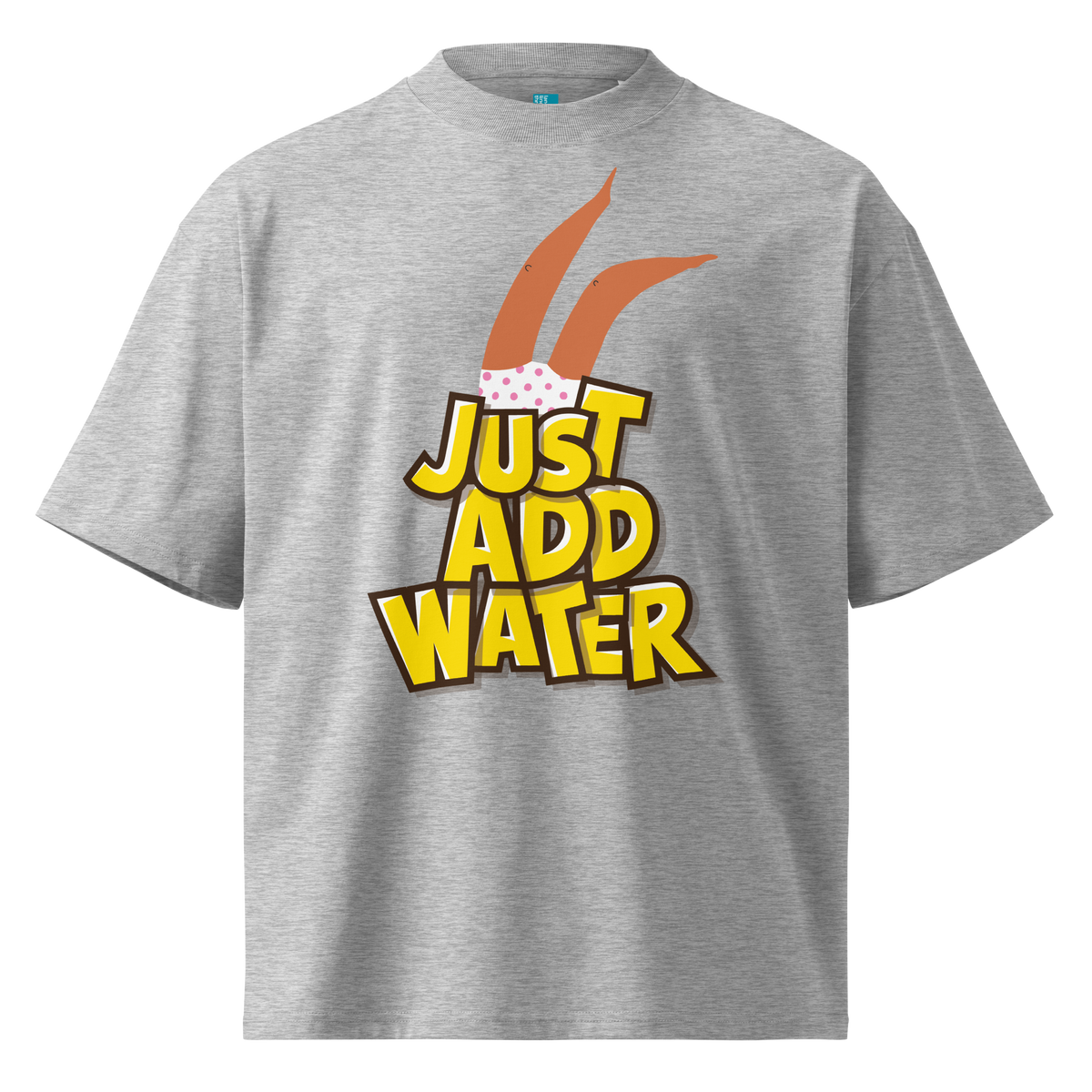 A grey short-sleeve crewneck organic oversized t-shirt by Lane Line Threads featuring a graphic print of woman legs wearing a pink polka-dot swimsuit, with the text 'JUST ADD WATER' in bold yellow letters with black outlines