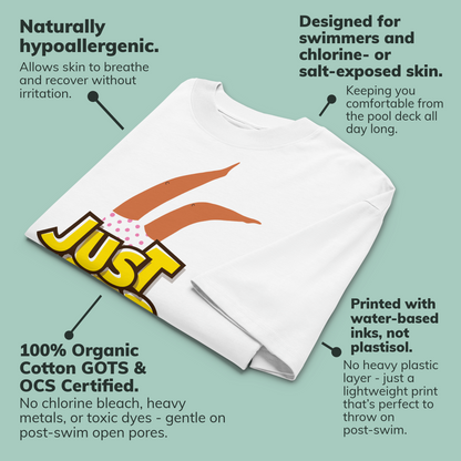 A folded white short-sleeve crewneck organic oversized t-shirt by Lane Line Threads featuring a graphic print of woman legs wearing a pink polka-dot swimsuit, with the text 'JUST ADD WATER' in bold yellow letters with black outlines with callout text describing product benefits and certifications.