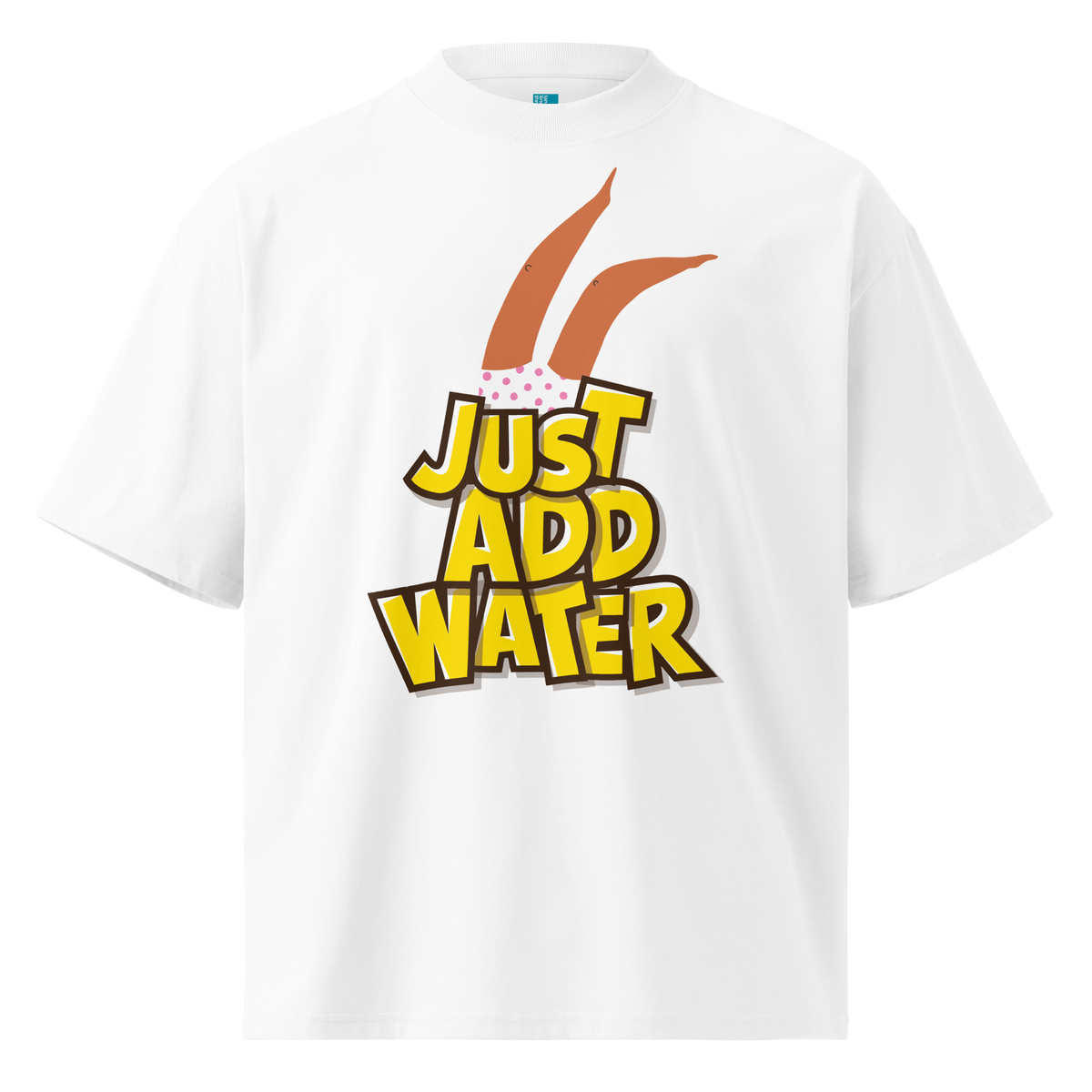 A white short-sleeve crewneck organic oversized t-shirt by Lane Line Threads featuring a graphic print of woman legs wearing a pink polka-dot swimsuit, with the text 'JUST ADD WATER' in bold yellow letters with black outlines.