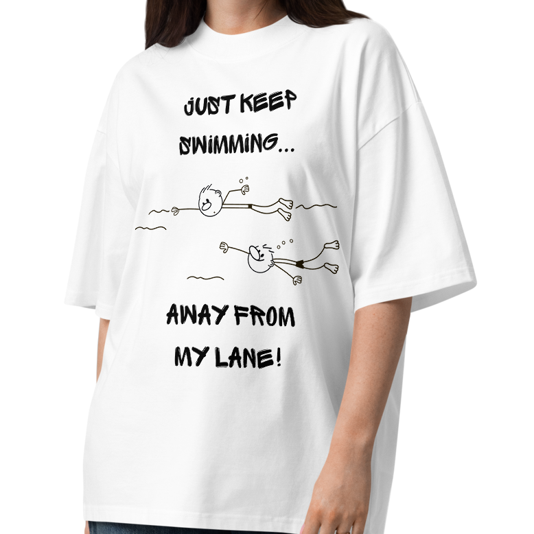 Woman wearing an organic oversized t-shirt in white with a stick-figure drawing of two swimmers and the text Just keep swimming away from my lane by Lane Line Threads.