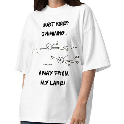Woman wearing an organic oversized t-shirt in white with a stick-figure drawing of two swimmers and the text Just keep swimming away from my lane by Lane Line Threads.