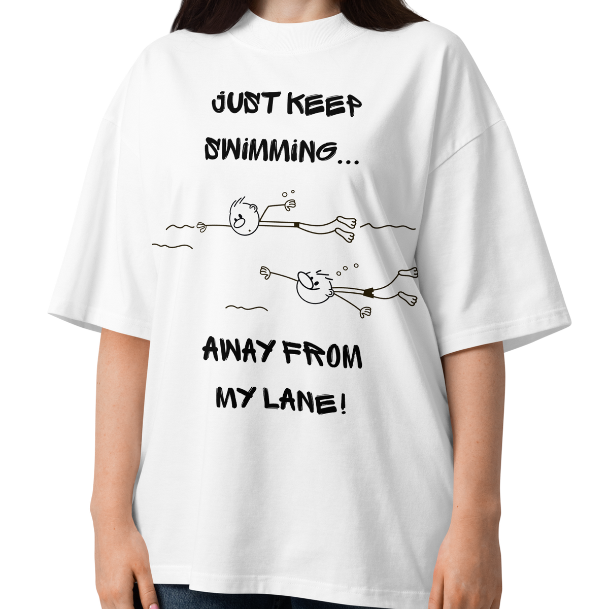 A woman modeling an organic oversized t-shirt in white with a stick-figure drawing of two swimmers and the text Just keep swimming away from my lane by Lane Line Threads.