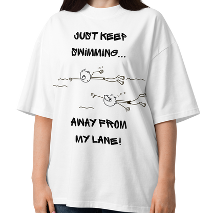A woman modeling an organic oversized t-shirt in white with a stick-figure drawing of two swimmers and the text Just keep swimming away from my lane by Lane Line Threads.