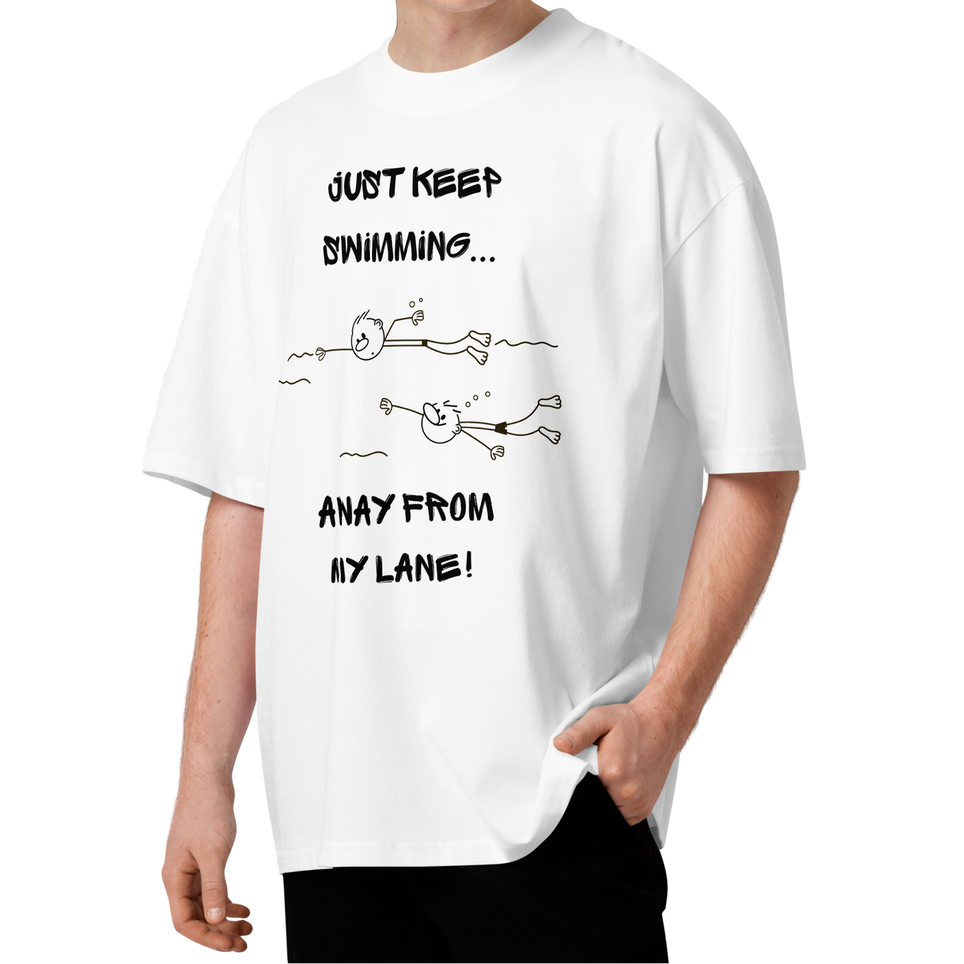 A young man with curly brown hair wearing an organic oversized t-shirt in white with a stick-figure drawing of two swimmers and the text Just keep swimming away from my lane by Lane Line Threads.