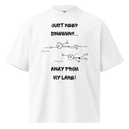 Organic oversized t-shirt in white with a stick-figure drawing of two swimmers and the text Just keep swimming away from my lane by Lane Line Threads.