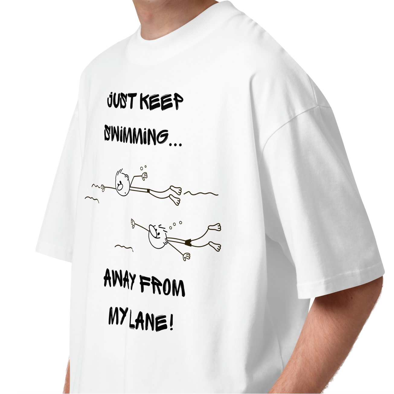 A young man wearing an organic oversized t-shirt in white with a stick-figure drawing of two swimmers and the text Just keep swimming away from my lane by Lane Line Threads.