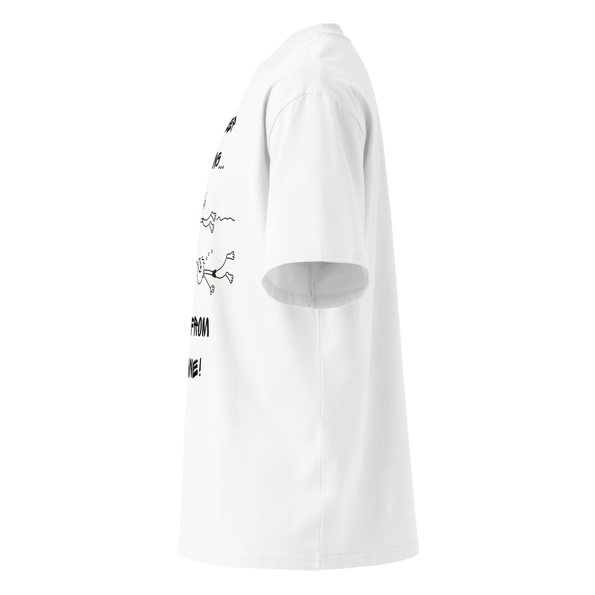 organic oversized t-shirt in white with a stick-figure drawing of two swimmers and the text Just keep swimming away from my lane by Lane Line Threads, shown from the left side.