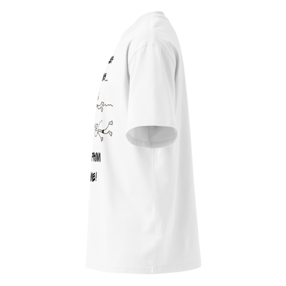 organic oversized t-shirt in white with a stick-figure drawing of two swimmers and the text Just keep swimming away from my lane by Lane Line Threads, shown from the left side.