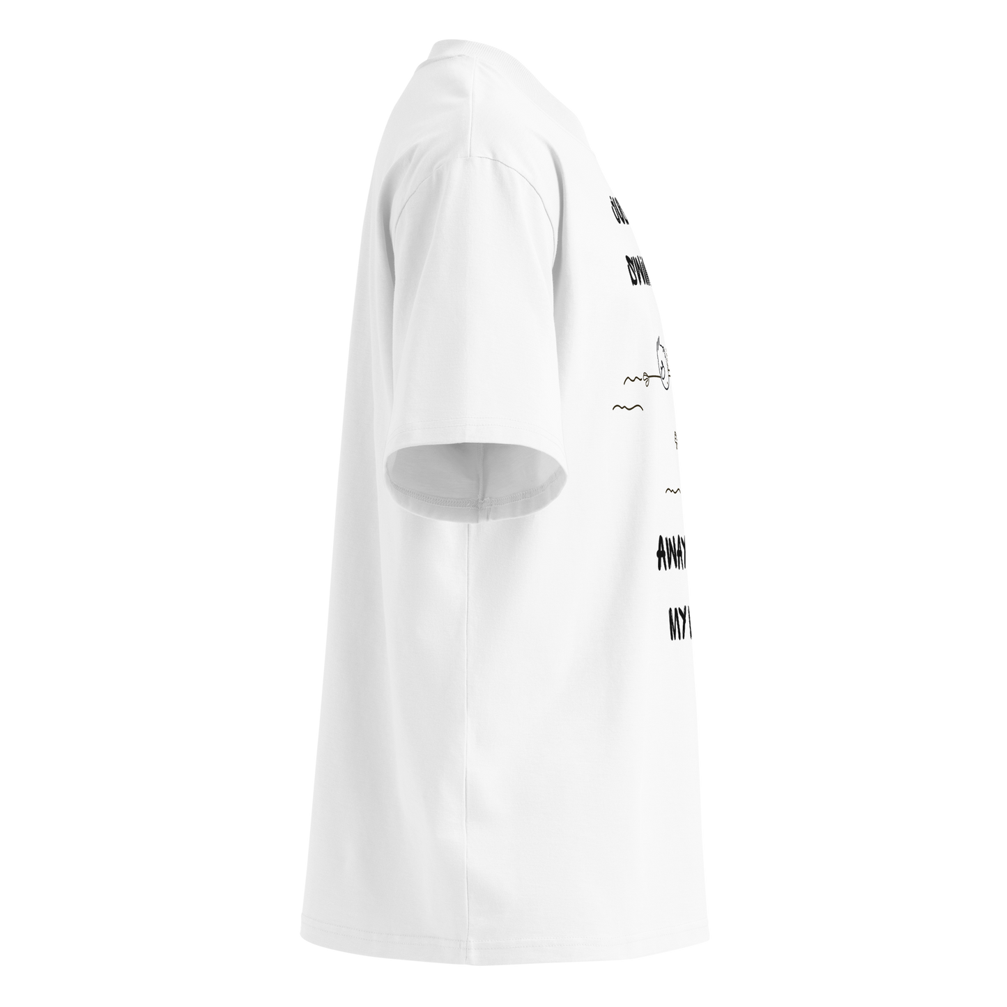 organic oversized t-shirt in white with a stick-figure drawing of two swimmers and the text Just keep swimming away from my lane by Lane Line Threads, shown from the right side.