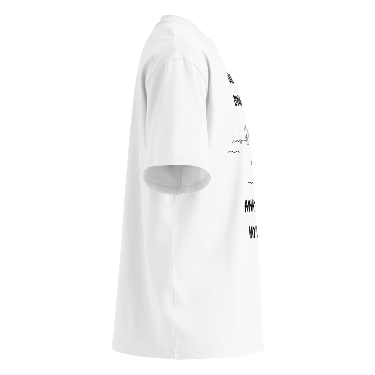 organic oversized t-shirt in white with a stick-figure drawing of two swimmers and the text Just keep swimming away from my lane by Lane Line Threads, shown from the right side.