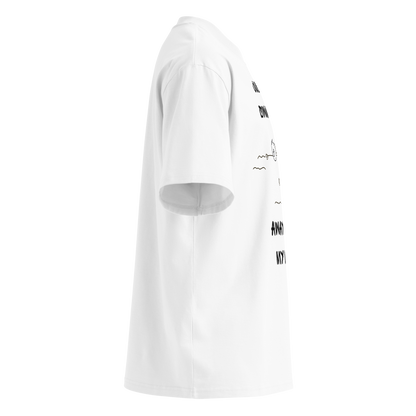 organic oversized t-shirt in white with a stick-figure drawing of two swimmers and the text Just keep swimming away from my lane by Lane Line Threads, shown from the right side.