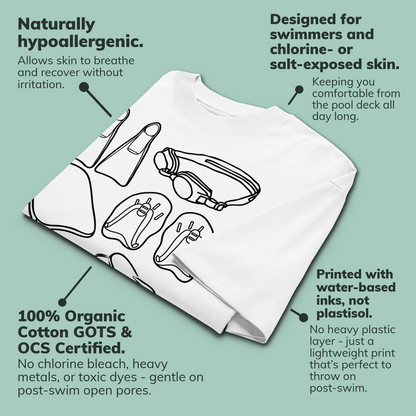A white organic oversized t-shirt by Lane Line Threads with black line drawings of swim gear and accessories, surrounded by marketing text callouts on a muted green background. The text highlights hypoallergenic properties, swim/chlorine/salt-exposed skin compatibility, cotton certification, and water-based ink printing.
