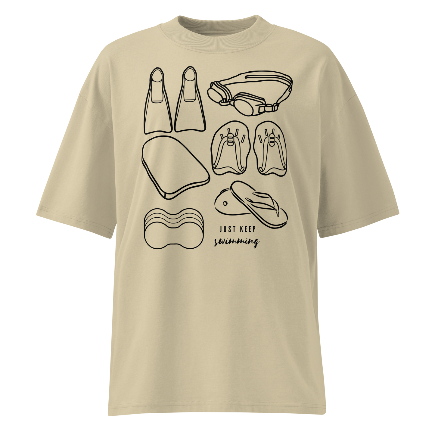 A beige short-sleeve organic oversized t-shirt by Lane Line Threads with a black line art graphic of swimming gear, including flippers, goggles, paddles, kickboard and a flip-flop, with the text 'JUST KEEP swimming' printed on the front.