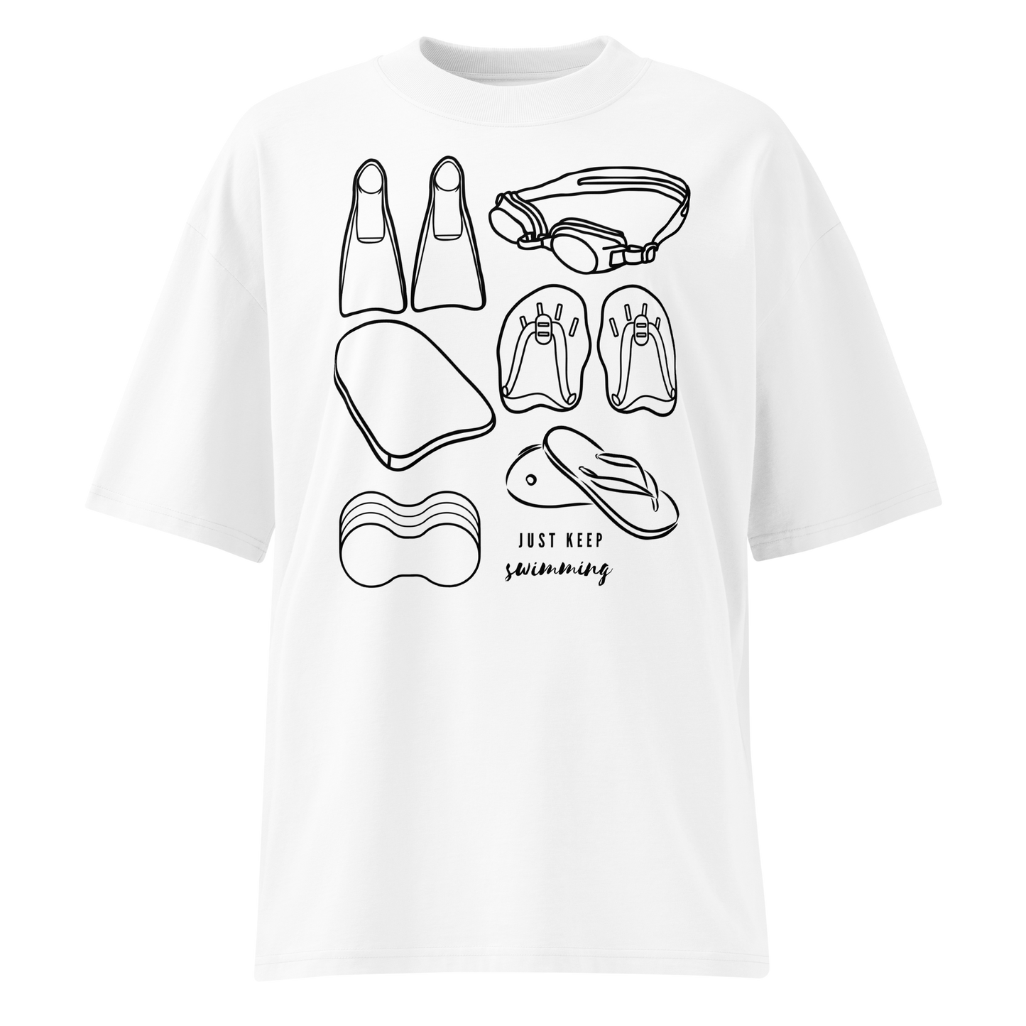 A white short-sleeve organic oversized t-shirt by Lane Line Threads with a black line art graphic of various swimming accessories (flippers, goggles, kickboard, flip-flops, swim cap) and the text 'JUST KEEP swimming' printed on the front.