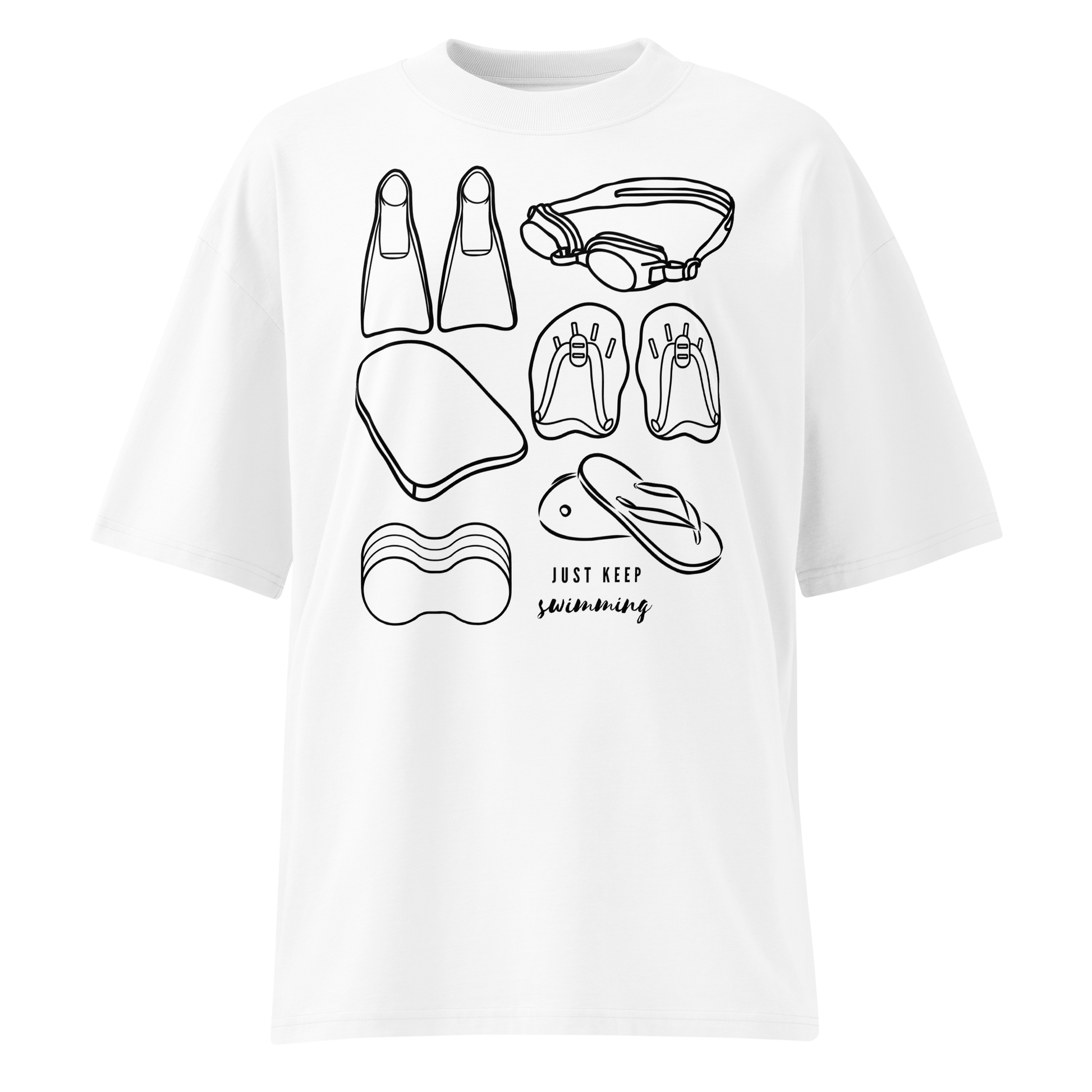 A white short-sleeve organic oversized t-shirt by Lane Line Threads with a black line art graphic of various swimming accessories (flippers, goggles, kickboard, flip-flops, swim cap) and the text 'JUST KEEP swimming' printed on the front.