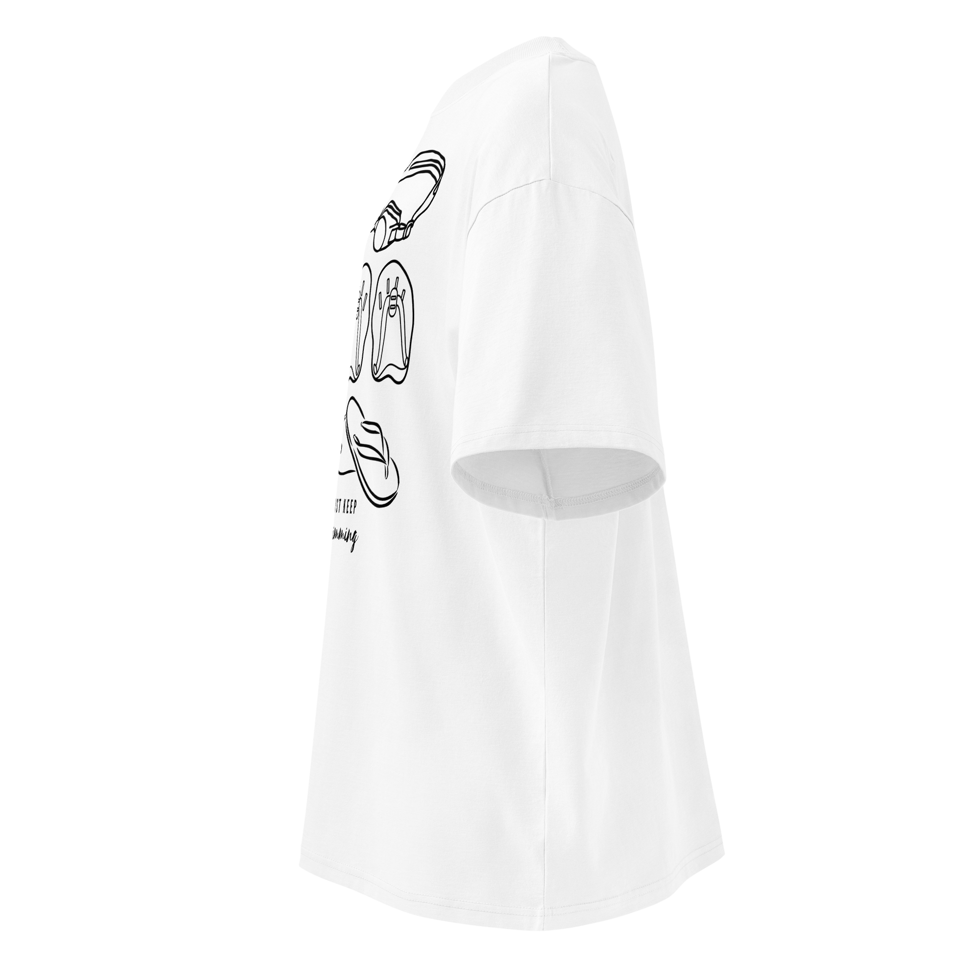 Organic oversized t-shirt white Lane Line Threads tee with line-art swim gear and Just Keep Swimming graphic shown from a side profile view.