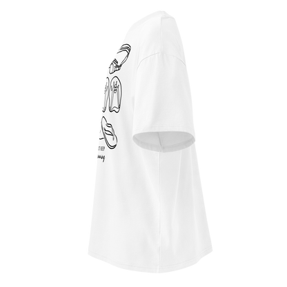 Organic oversized t-shirt white Lane Line Threads tee with line-art swim gear and Just Keep Swimming graphic shown from a side profile view.