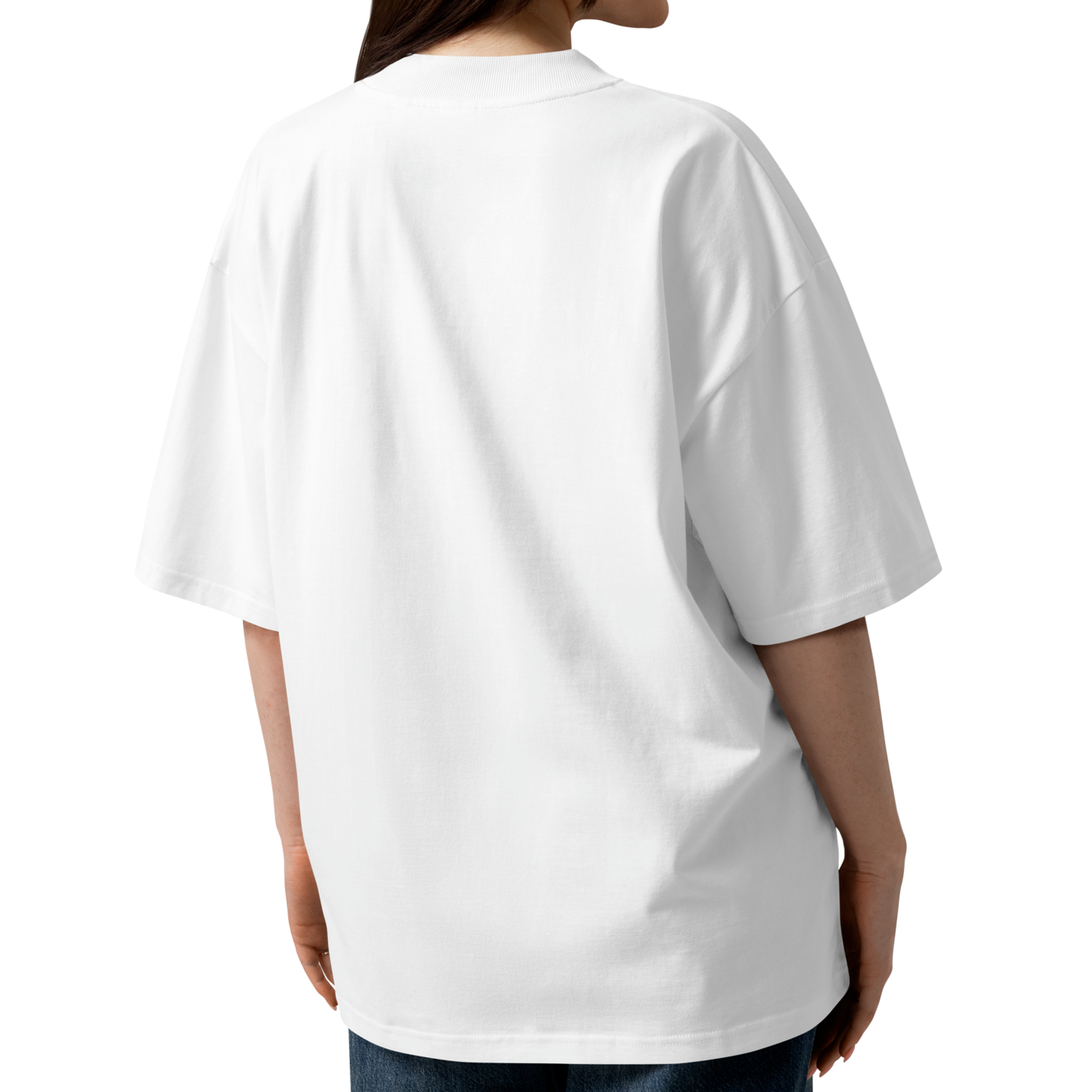 Person wearing a white organic oversized t-shirt by Lane Line Threads showing from the back against a white background