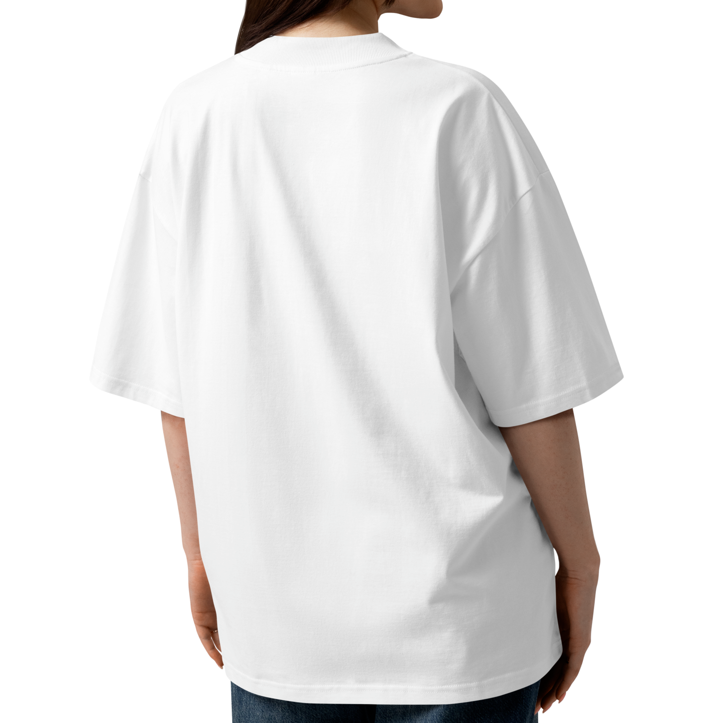 Person wearing a white organic oversized t-shirt by Lane Line Threads showing from the back against a white background