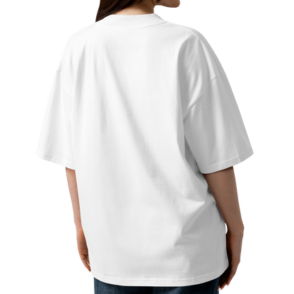 Person wearing a white organic oversized t-shirt by Lane Line Threads showing from the back against a white background
