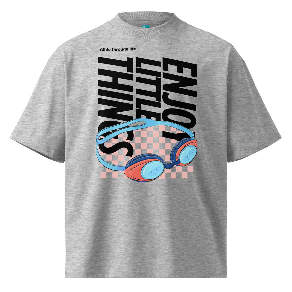 Organic oversized t-shirt in grey with colorful swim goggles, bold “Enjoy Little Things” lettering, and “Glide Through Life” graphic by Lane Line Threads.