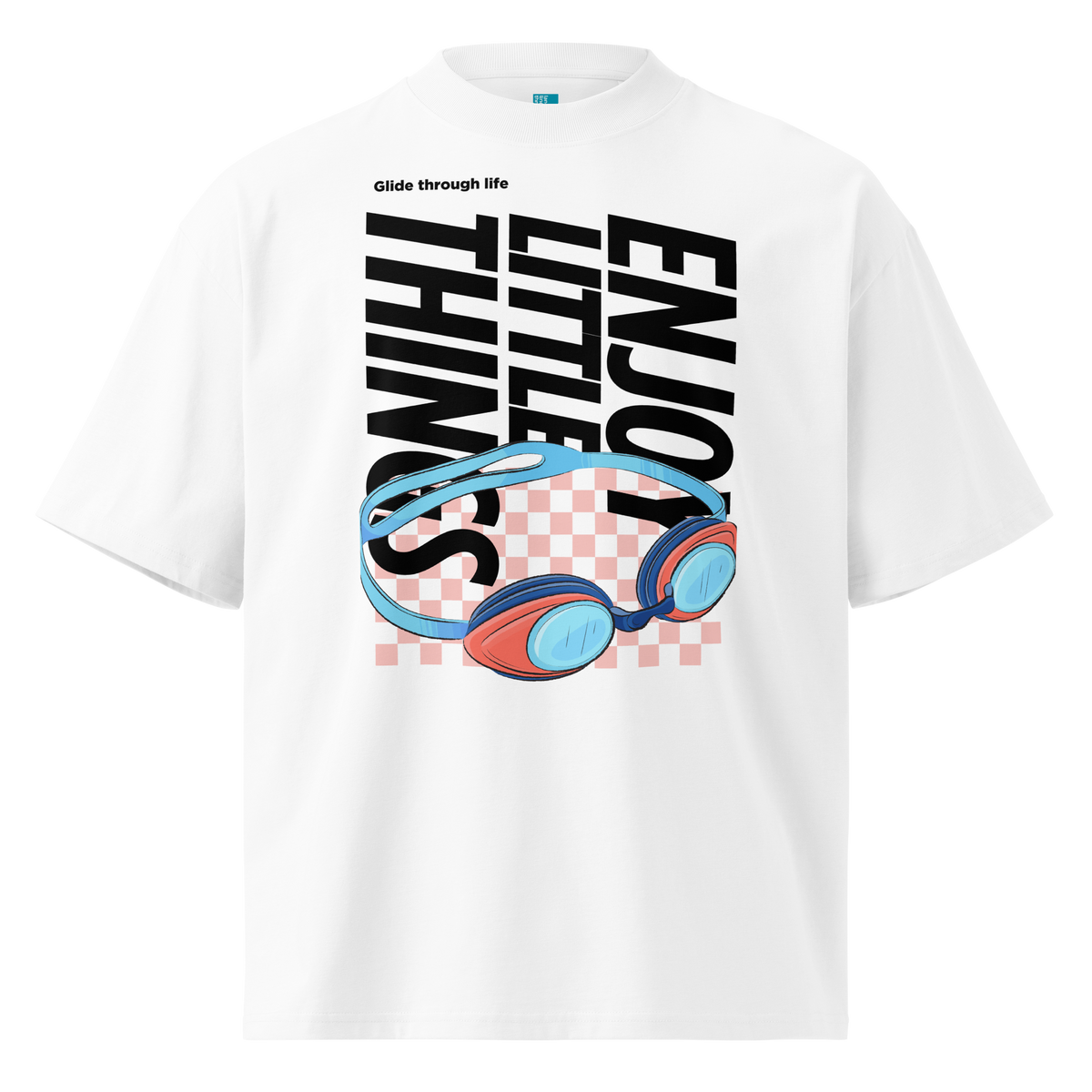 Organic oversized t-shirt in white with colorful swim goggles, bold “Enjoy Little Things” lettering, and “Glide Through Life” graphic by Lane Line Threads.