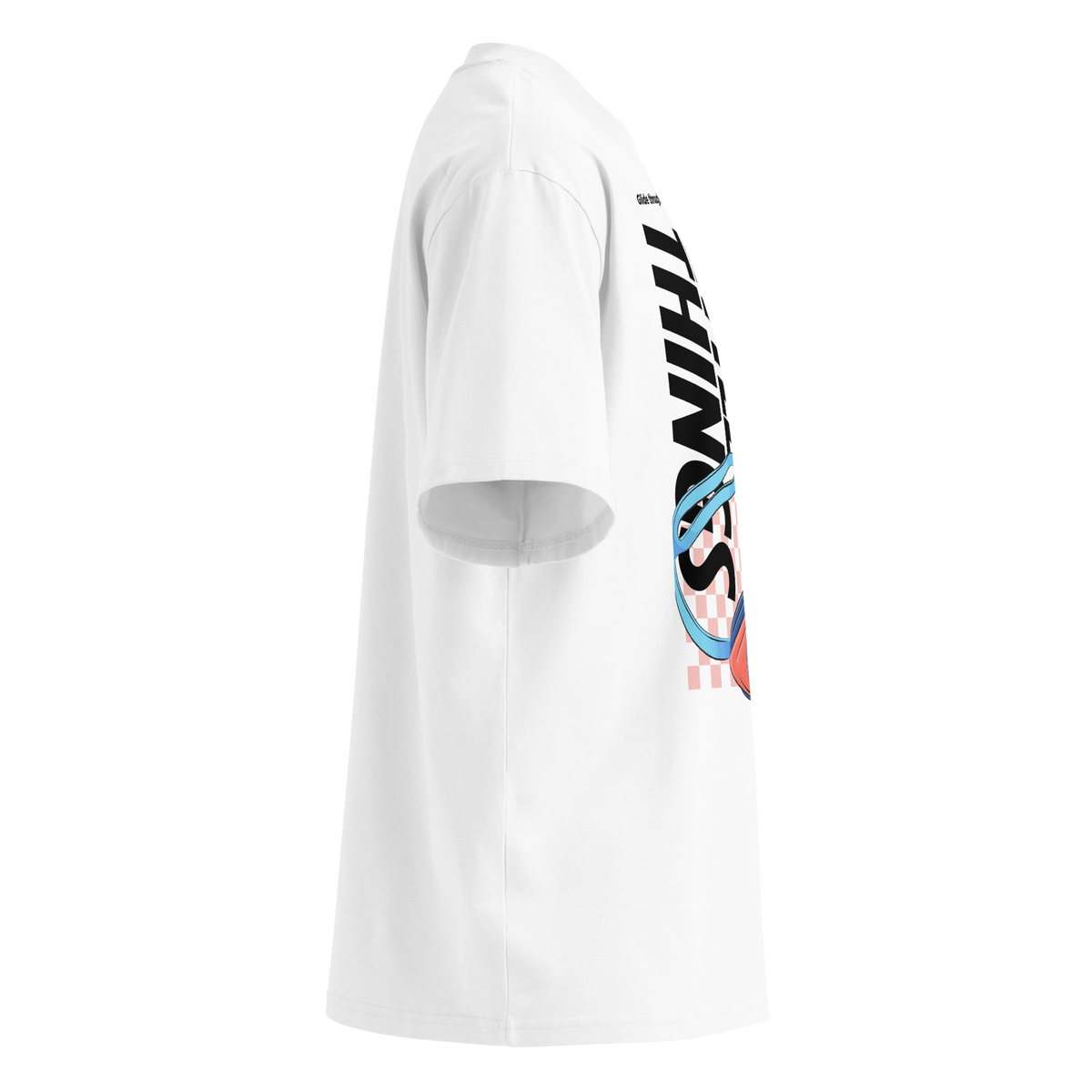 Organic oversized t-shirt in white with colorful swim goggles, bold “Enjoy Little Things” lettering, and “Glide Through Life” graphic by Lane Line Threads, shown from the right size.
