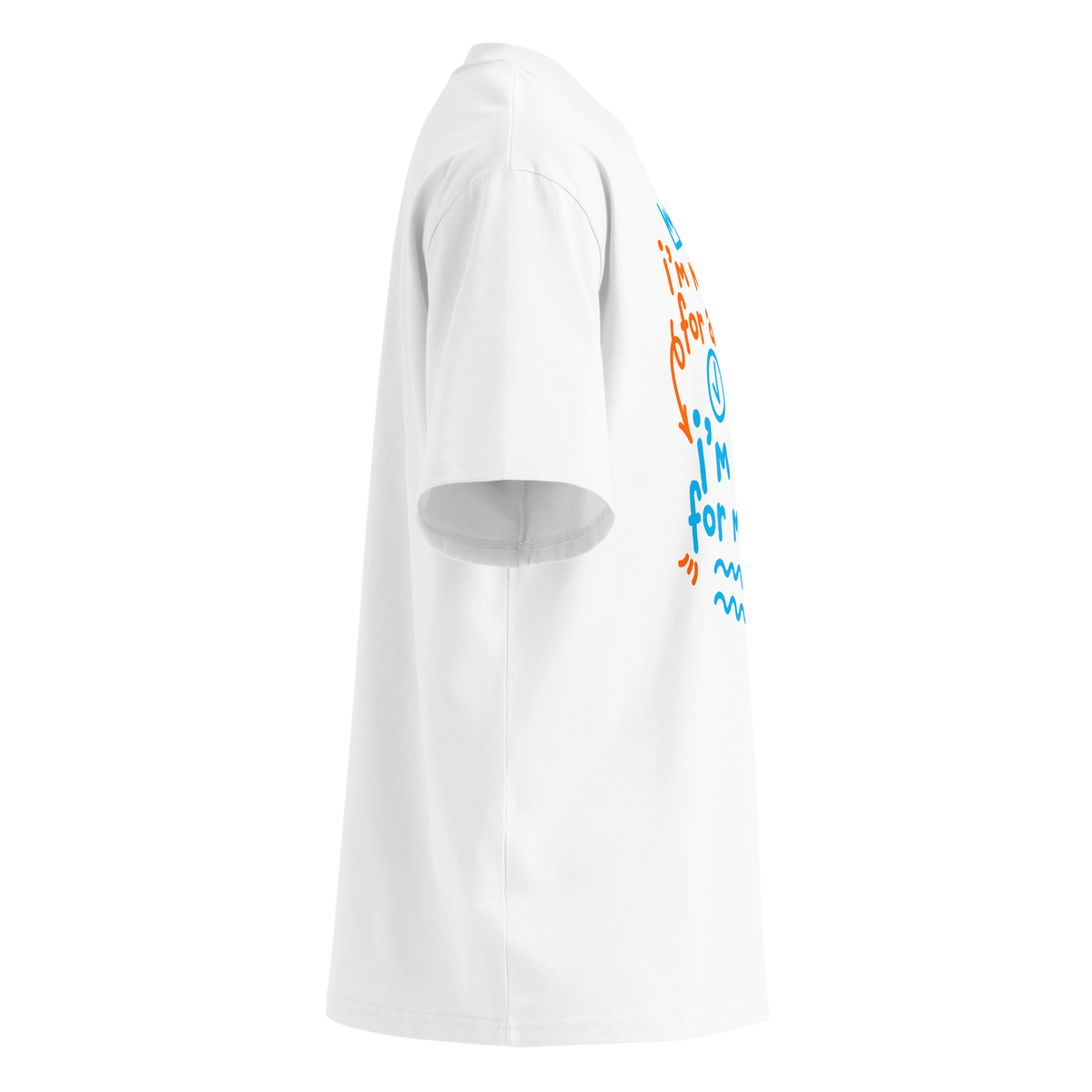 A white short-sleeve crewneck organic oversized t-shirt by Lane Line Threads with a colorful graphic print on the chest. The graphic features the text 'I'm not here for a sprint I'm here for motion!' in orange and blue handwritten-style lettering, accompanied by small doodles of a clock, a stop sign, wavy lines, and a heart. Shown from the right side.