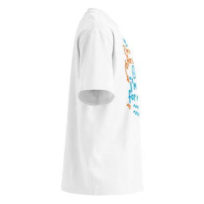 A white short-sleeve crewneck organic oversized t-shirt by Lane Line Threads with a colorful graphic print on the chest. The graphic features the text 'I'm not here for a sprint I'm here for motion!' in orange and blue handwritten-style lettering, accompanied by small doodles of a clock, a stop sign, wavy lines, and a heart. Shown from the right side.
