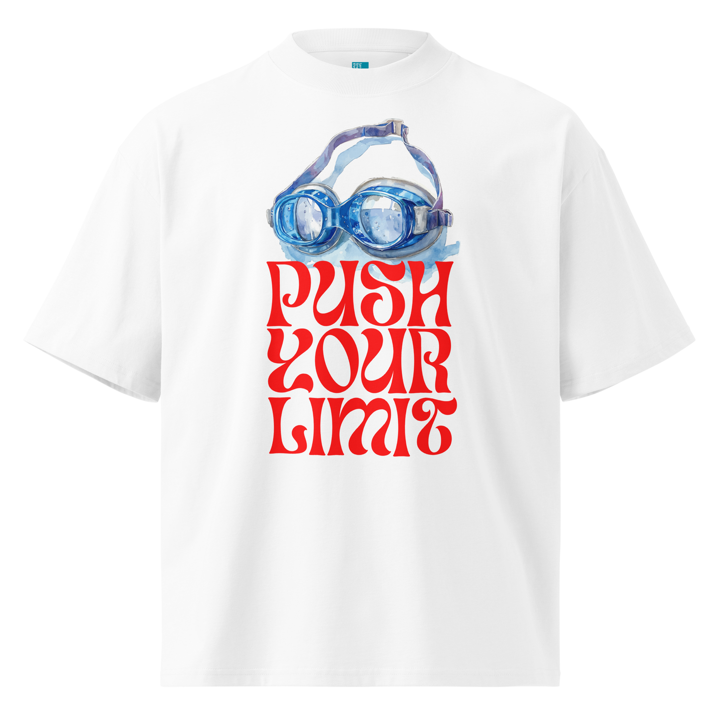 A white short-sleeve crewneck organic oversized t-shirt by Lane Line Threads featuring a graphic print of blue swim goggles above the text 'PUSH YOUR LIMIT' in a bold red retro font.