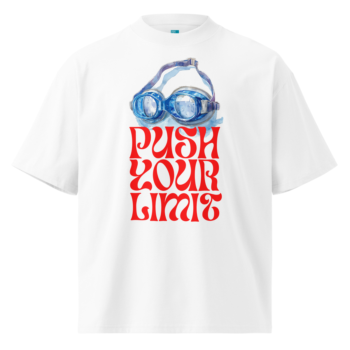 A white short-sleeve crewneck organic oversized t-shirt by Lane Line Threads featuring a graphic print of blue swim goggles above the text 'PUSH YOUR LIMIT' in a bold red retro font.