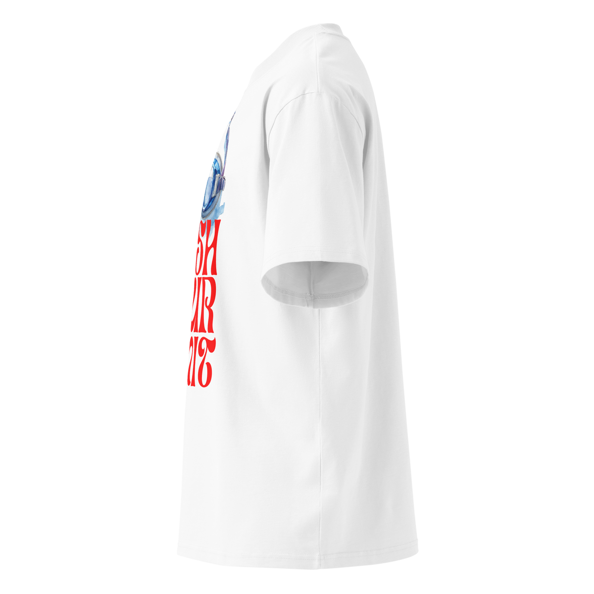 A white short-sleeve crewneck organic oversized t-shirt by Lane Line Threads featuring a graphic print of blue swim goggles above the text 'PUSH YOUR LIMIT' in a bold red retro font shown from the left side.