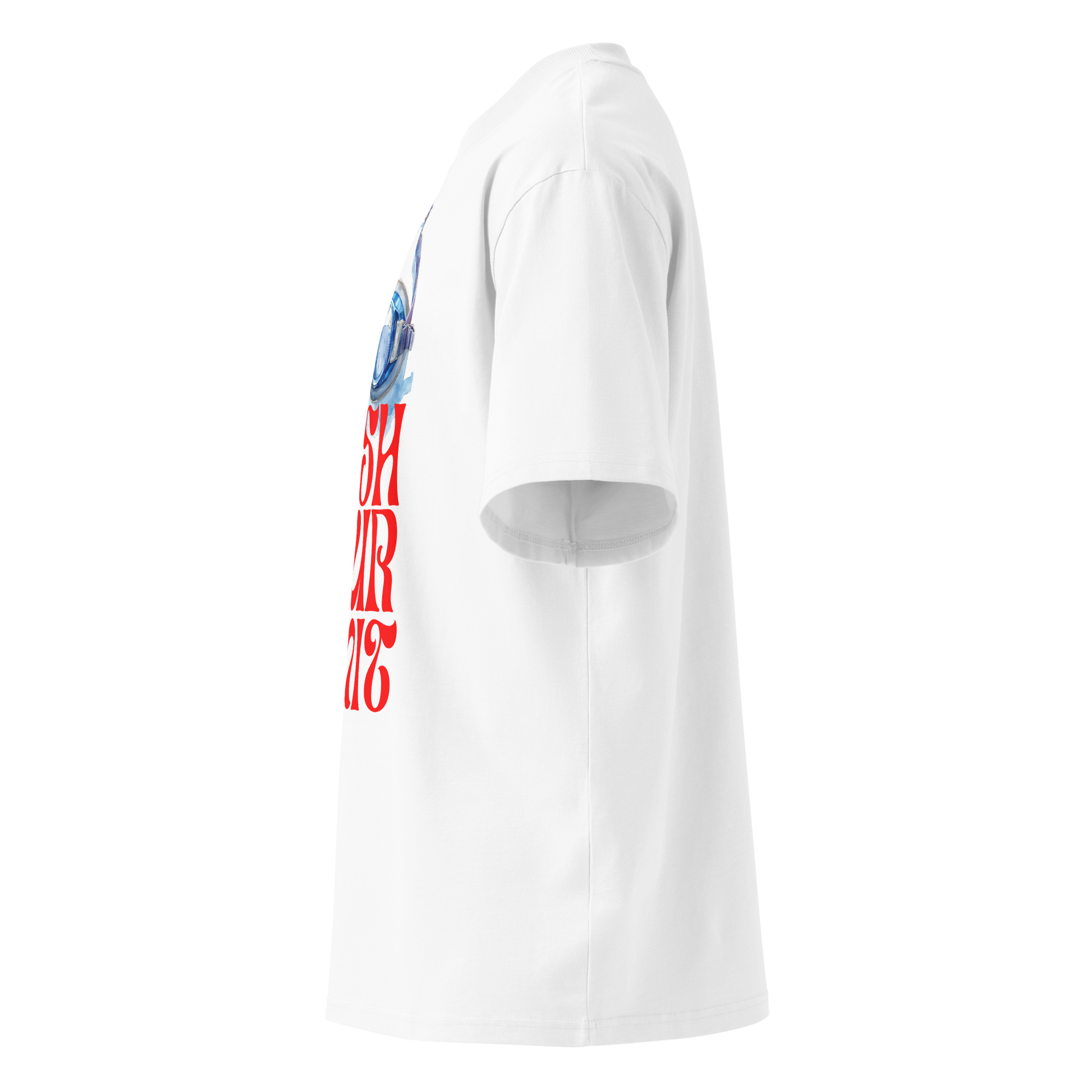 A white short-sleeve crewneck organic oversized t-shirt by Lane Line Threads featuring a graphic print of blue swim goggles above the text 'PUSH YOUR LIMIT' in a bold red retro font shown from the left side.